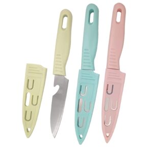 lomgwumy paring knife, 3 sharp and durable fruit knife, with scabbard, simple and beautiful, fruit knives small is suitable for most vegetables, fruits and meat (pink, blue, green)
