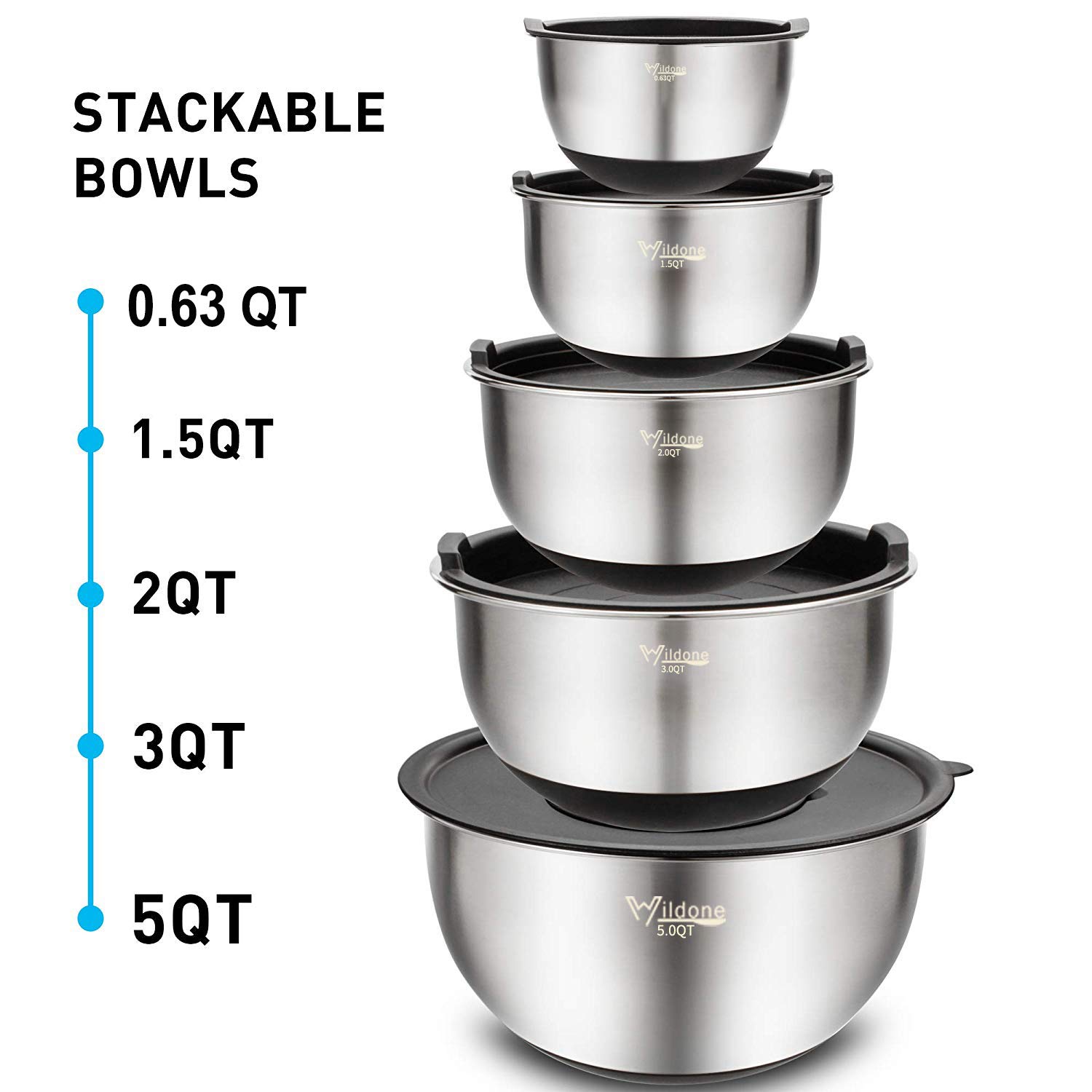 Wildone Mixing Bowls Set of 5, Stainless Steel Nesting Bowls with Lids, 3 Grater Attachments, Measurement Marks & Non-Slip Bottoms, Size 5, 3, 2, 1.5, 0.63 QT, Great for Mixing & Serving