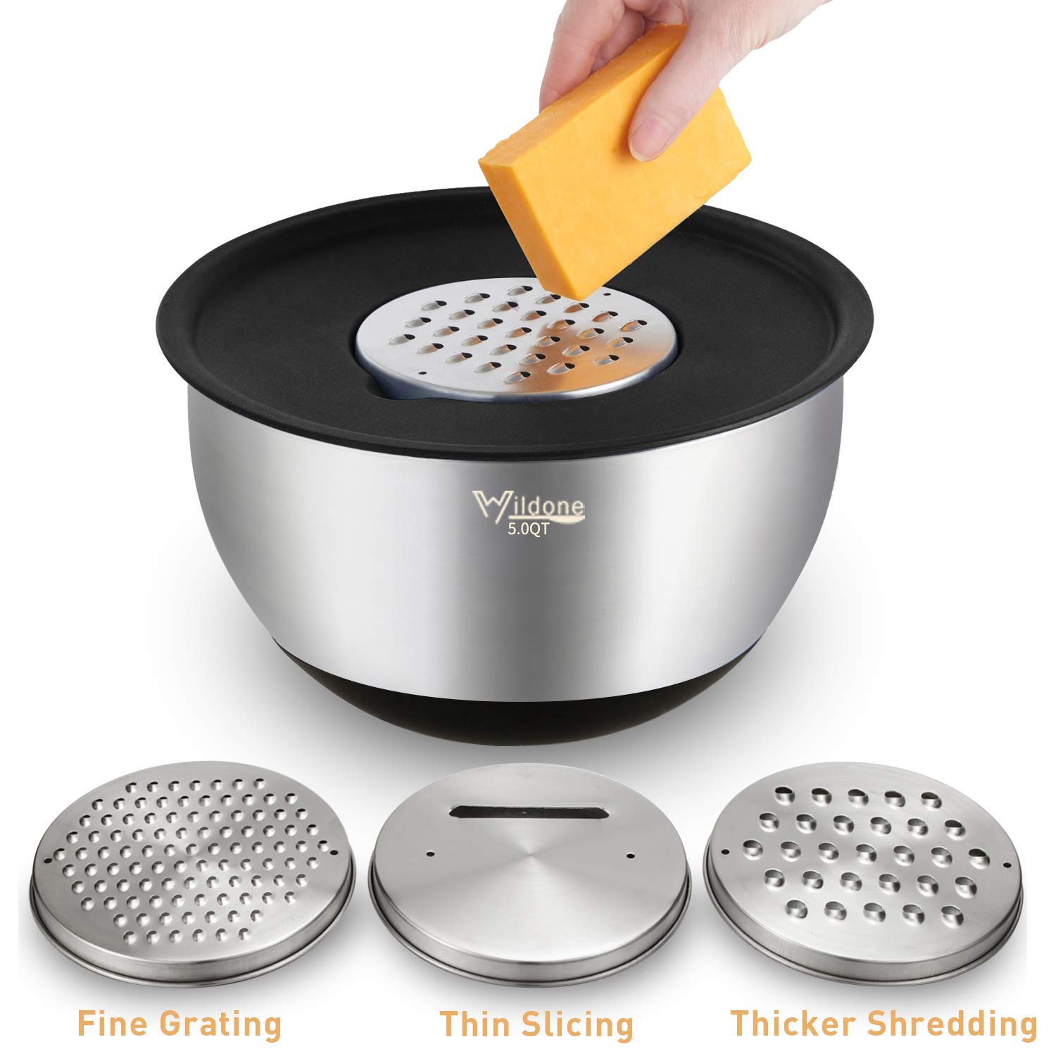 Wildone Mixing Bowls Set of 5, Stainless Steel Nesting Bowls with Lids, 3 Grater Attachments, Measurement Marks & Non-Slip Bottoms, Size 5, 3, 2, 1.5, 0.63 QT, Great for Mixing & Serving