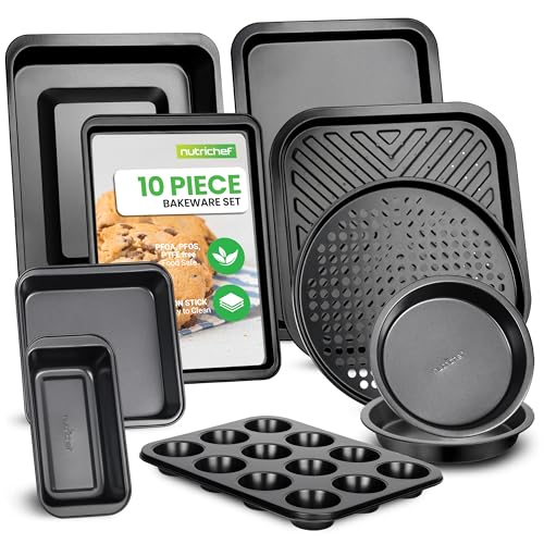 NutriChef 10-Piece Non-Stick Baking Pans Set - Deluxe Carbon Steel Bakeware Set w/ Cookie Sheets, Muffin Pan, Roasting Pan, Cake Pan, Baking Tray, Pizza Pan - Nonstick & Dishwasher Safe, Black