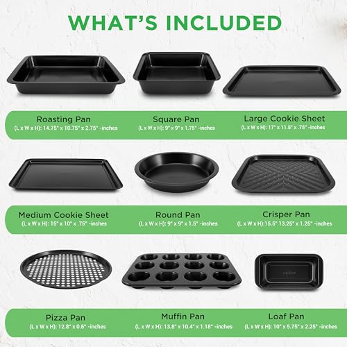 NutriChef 10-Piece Non-Stick Baking Pans Set - Deluxe Carbon Steel Bakeware Set w/ Cookie Sheets, Muffin Pan, Roasting Pan, Cake Pan, Baking Tray, Pizza Pan - Nonstick & Dishwasher Safe, Black