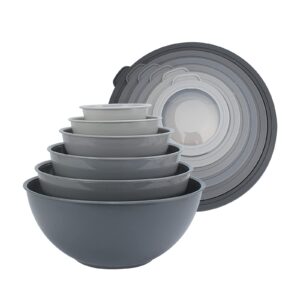 cook with color mixing bowls set with tpr lids - 12 piece plastic nesting bowls set includes 6 prep bowls and 6 lids, microwave safe (grey)