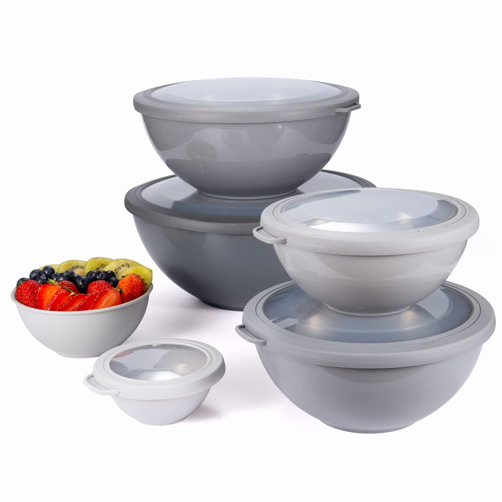 COOK WITH COLOR Mixing Bowls Set with TPR Lids - 12 Piece Plastic Nesting Bowls Set includes 6 Prep Bowls and 6 Lids, Microwave Safe (Grey)