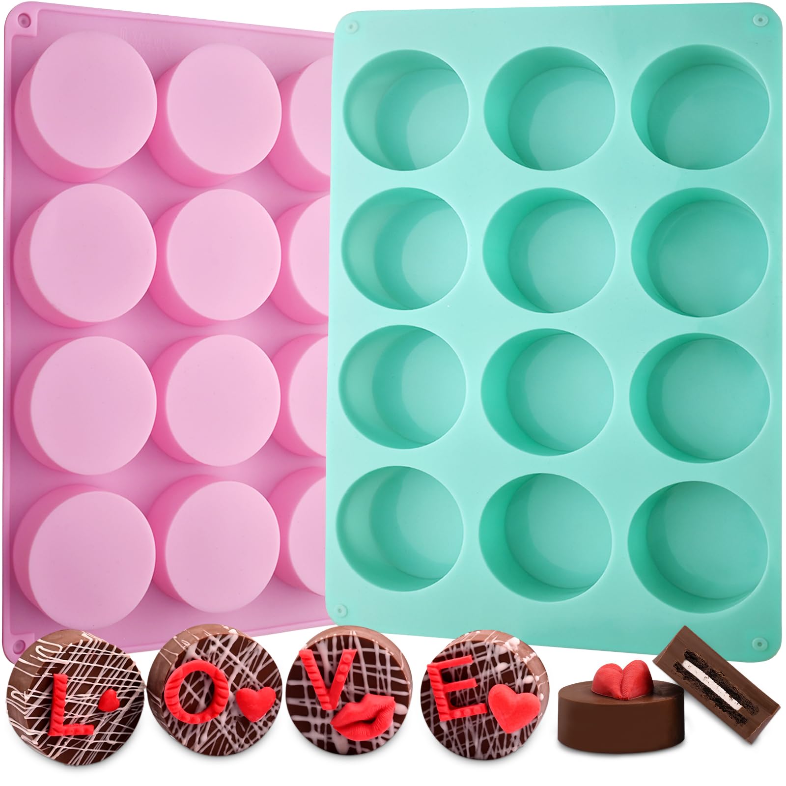 Actvty Round Chocolate Cookie Molds, New Size 12-Cavity Cylinder Chocolate Cover Cookie Silicone Molds for Candy Mini Cakes Jelly Baking（2 Pack）