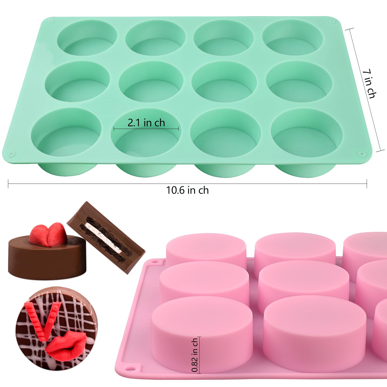 Actvty Round Chocolate Cookie Molds, New Size 12-Cavity Cylinder Chocolate Cover Cookie Silicone Molds for Candy Mini Cakes Jelly Baking（2 Pack）