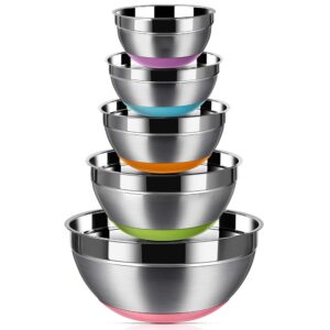 regiller stainless steel mixing bowls (set of 5), non slip colorful silicone bottom nesting storage bowls, polished mirror finish for healthy meal mixing and prepping 1.5-2 - 2.5-3.5 - 7qt (colorful)