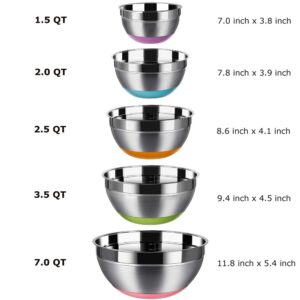REGILLER Stainless Steel Mixing Bowls (Set of 5), Non Slip Colorful Silicone Bottom Nesting Storage Bowls, Polished Mirror Finish For Healthy Meal Mixing and Prepping 1.5-2 - 2.5-3.5 - 7QT (Colorful)