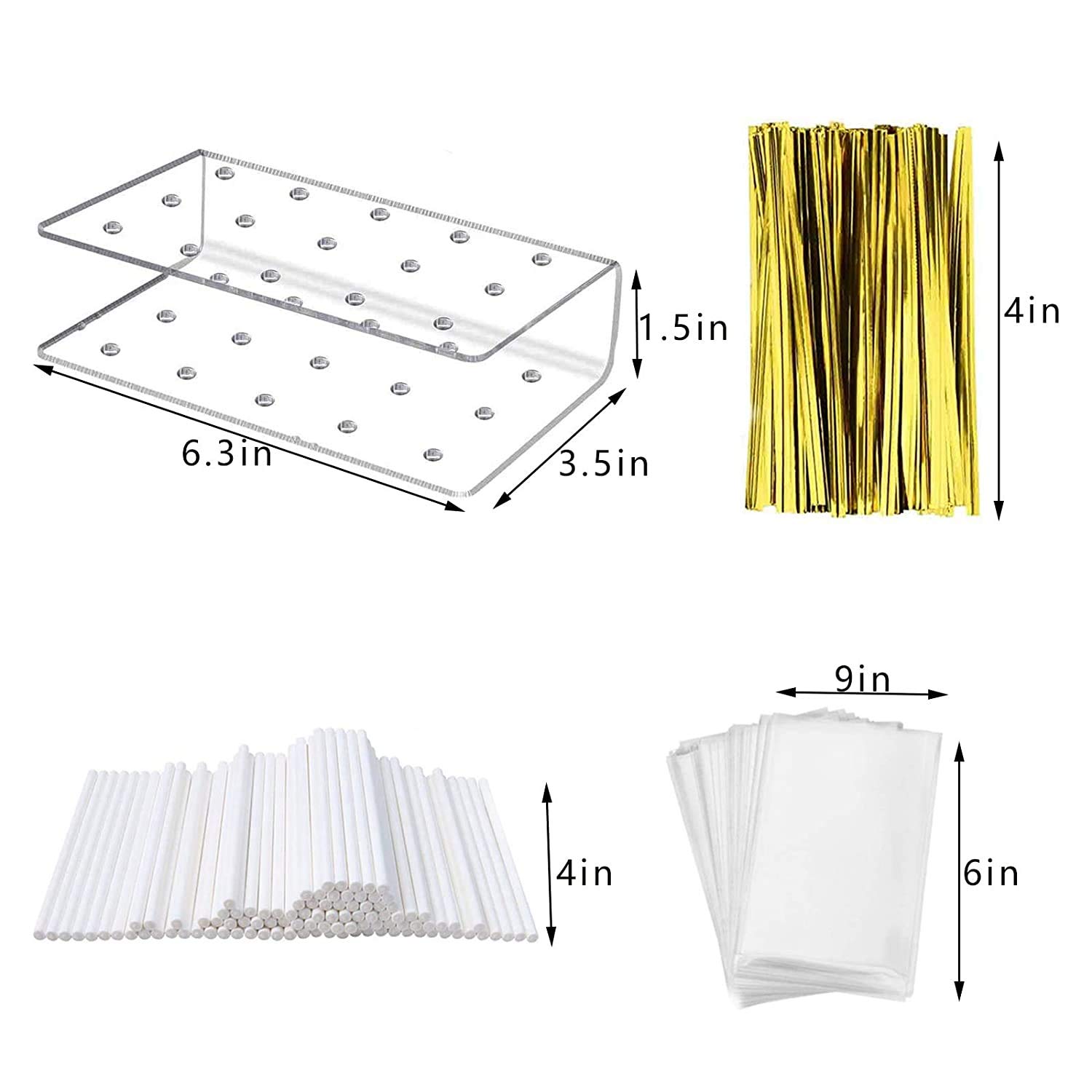 KKOBHO 2 Pack Acrylic Lollipop Holder Cake Pop Stand 100PCS Clear Treats Bags 100PCS Lollipop Sticks and 100PCS Gold Metallic Twist Ties for Candy Cake Pop Sticks Making Tools (2)