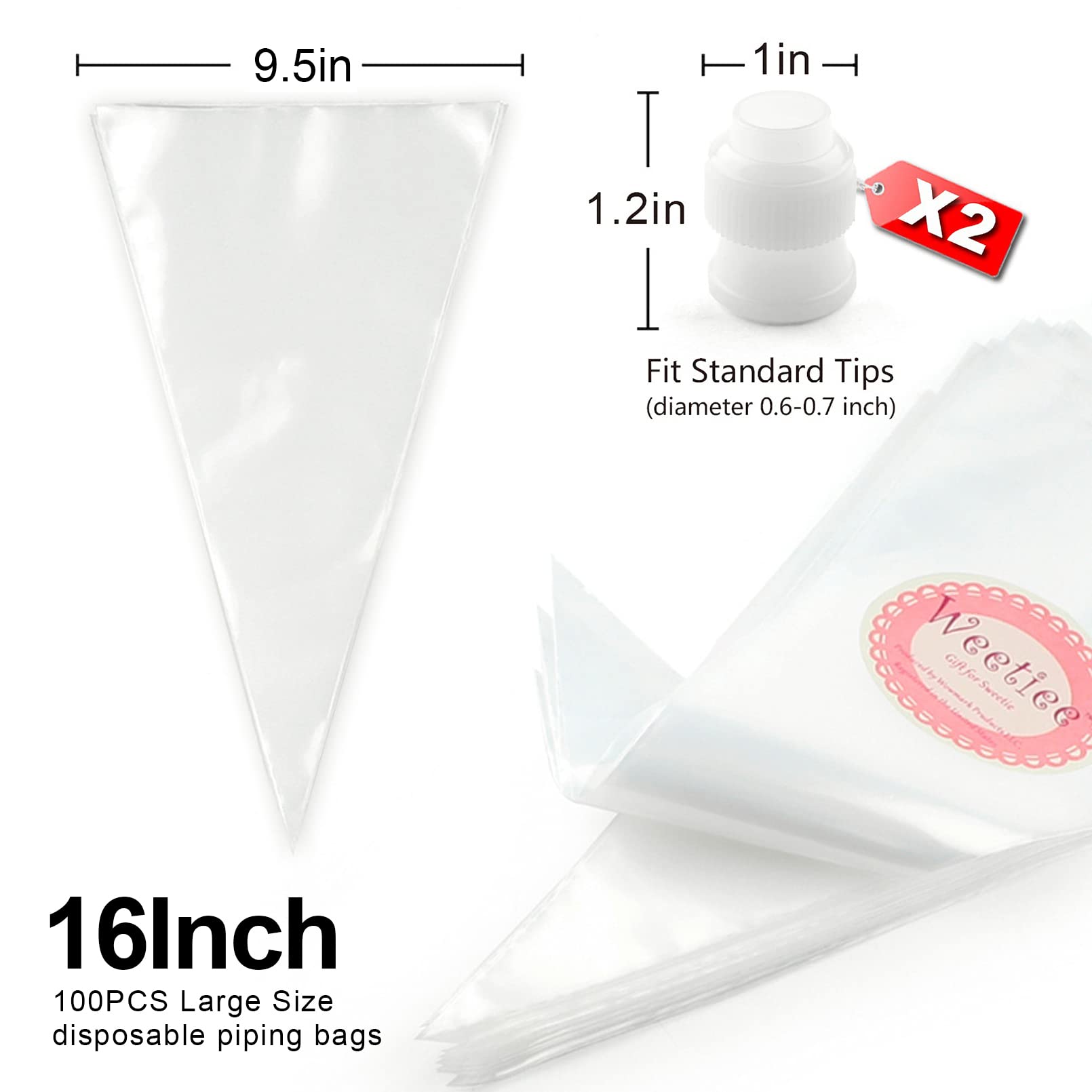 Weetiee Pastry Piping Bags -100 Pack-16-Inch Disposable Cake Decorating Bags Anti-Burst Cupcake Icing Bags for all Size Tips Couplers and Baking Cookies Candy Supplies Kits - Bonus 2 Couplers
