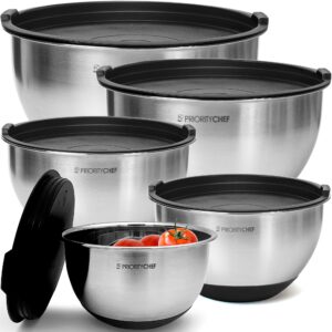 priority chef premium stainless steel mixing bowls with airtight lids - thick metal nesting bowls for kitchen, 1.5/2/3/4/5 quart, black