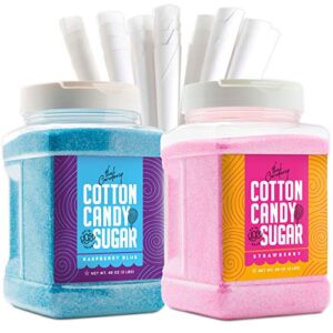 the candery cotton candy floss sugar (2-pack) includes 100 premium cones | raspberry blue and strawberry | plastic, reusable jars | easy pour spout or scoop | includes scooper | 3 lbs jars