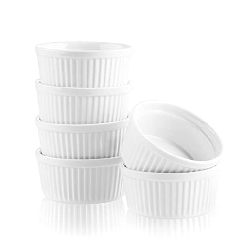 Bellemain Creme Brulee 4 oz Ramekins | Mini Casserole Dish Set, Charcuterie Bowls, Pot Pie Baking Dishes, Souffle Cups, Soy Sauce Bowls | Fluted Porcelain Bowls, Oven Safe to 500F, Set of 6 (White)