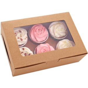 30-set cupcake boxes with inserts and window hold 6 cupcakes, 9.4'' x 6.3'' x 3'', brown food grade kraft cupcake holder for cookies, muffins, bakeries
