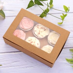 30-Set Cupcake Boxes with Inserts and Window Hold 6 Cupcakes, 9.4'' x 6.3'' x 3'', Brown Food Grade Kraft Cupcake Holder for Cookies, Muffins, Bakeries