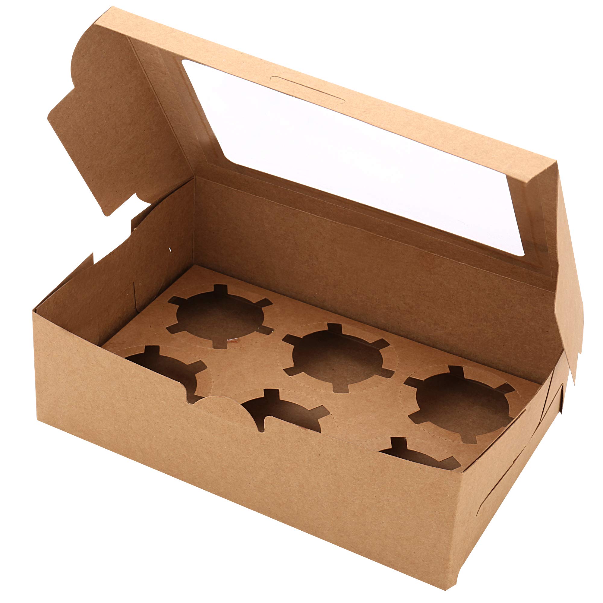 30-Set Cupcake Boxes with Inserts and Window Hold 6 Cupcakes, 9.4'' x 6.3'' x 3'', Brown Food Grade Kraft Cupcake Holder for Cookies, Muffins, Bakeries