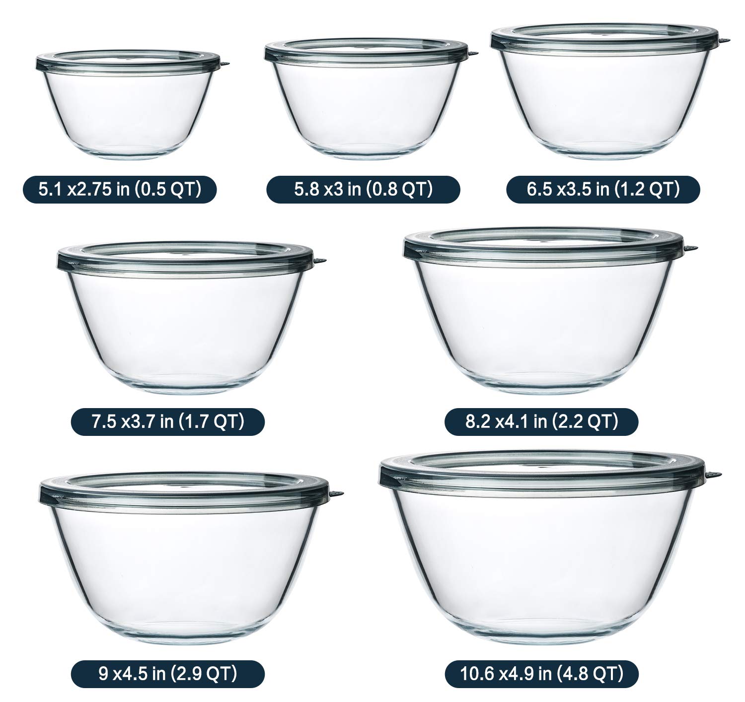 M MCIRCO Glass Salad Bowls with Lids-14-Piece Set, Salad Bowls with Lids, Space Saving Nesting Bowls - for Meal Prep, Food Storage, Serving Bowls -Glass bowl For Cooking, Baking