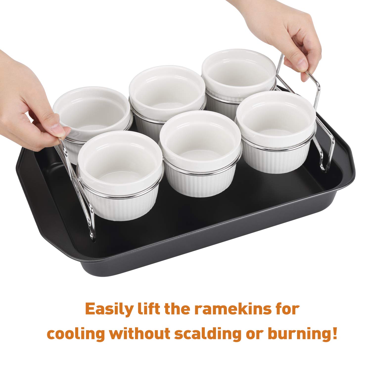 Creme Brulee Making Set - 6 Porcelain Ramekins 6 oz, 304 Stainless Steel Lifting Rack, 9" X 13" Bottom Pan