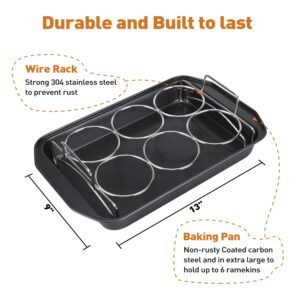 Creme Brulee Making Set - 6 Porcelain Ramekins 6 oz, 304 Stainless Steel Lifting Rack, 9" X 13" Bottom Pan