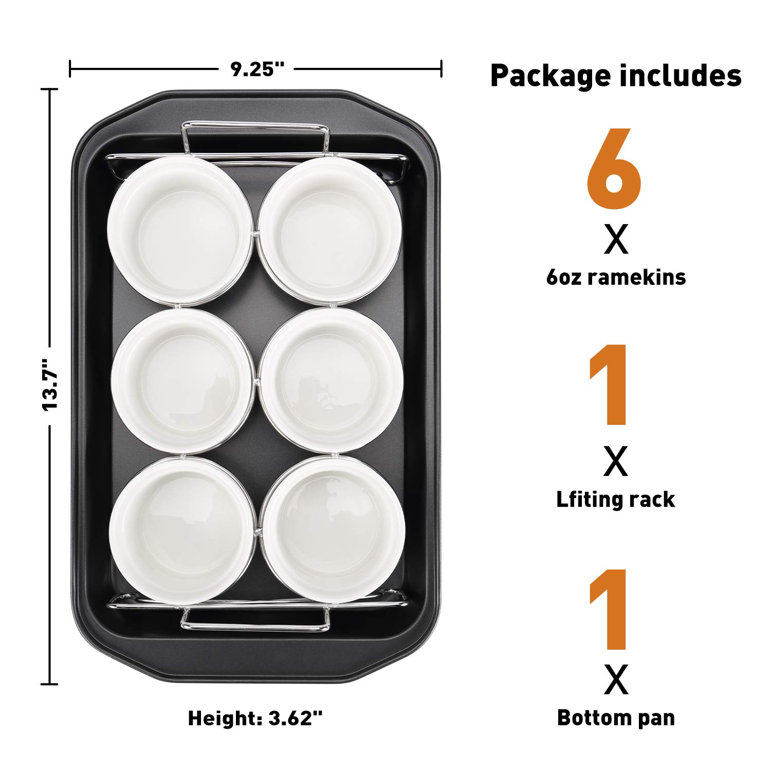 Creme Brulee Making Set - 6 Porcelain Ramekins 6 oz, 304 Stainless Steel Lifting Rack, 9" X 13" Bottom Pan