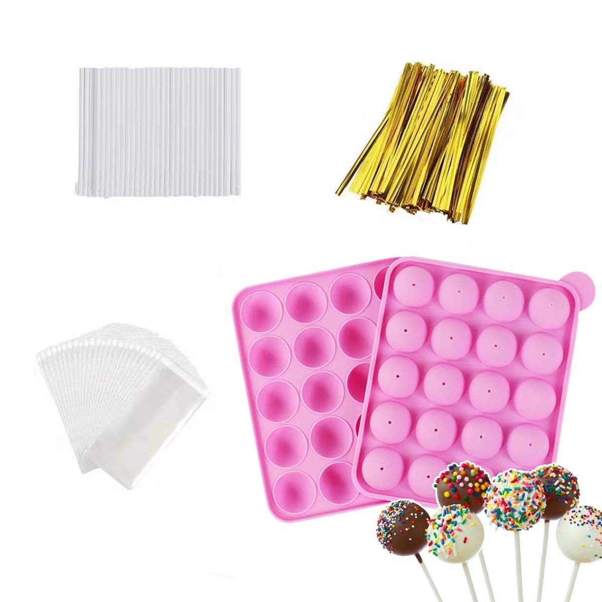 AKINGSHOP 20-Cavity Silicone Cake Pop Mold Set With Lollipop Sticks, Treat Bags, Twist Ties - For Cake Pops, Lollipops, Hard Candy, and Chocolate