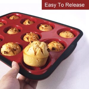 Aichoof Non-Stick Silicone Muffin Pan With Reinforced Stainless Steel Frame Inside,12 Cup Regular Muffin Baking Mold, 12 Cup Muffin Tin, BPA Free,Dishwasher Safe, Red