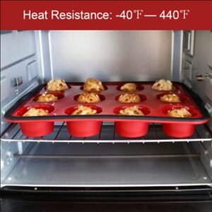 Aichoof Non-Stick Silicone Muffin Pan With Reinforced Stainless Steel Frame Inside,12 Cup Regular Muffin Baking Mold, 12 Cup Muffin Tin, BPA Free,Dishwasher Safe, Red