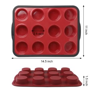 Aichoof Non-Stick Silicone Muffin Pan With Reinforced Stainless Steel Frame Inside,12 Cup Regular Muffin Baking Mold, 12 Cup Muffin Tin, BPA Free,Dishwasher Safe, Red