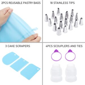 Wddeevoi Piping Bags and Tips Set, Cakes Decorating Kit Supplies with 2 Reusable Pastry Bags, 18 Frosting Tips, 2 Couplers, 2 Bag Ties, 3 Cake Scraper, Cake Decorating Tools for Cookie Icing