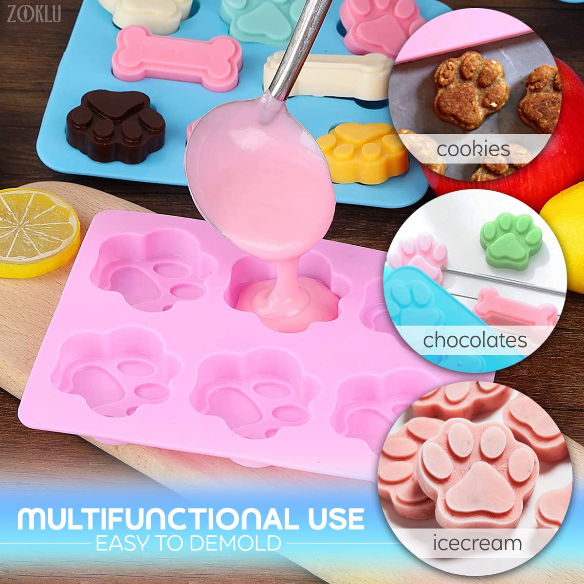 Paw and Bone Candy Molds Silicone - 2Pcs Dog Treat Molds for Chocolate Candy Silicone Molds for Baking Puppy Ice Cube Shapes - Blue and Pink Dog Bone Cake Pan Paw Molds for Dog Treats Silicon Mold