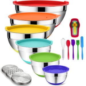 mixing bowls with airtight lids, 20pcs stainless steel set, nesting 3 grater attachments & non-slip bottoms, size7, 4, 3, 2, 1.5, 1qt for baking&prepping