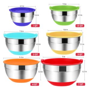 Mixing Bowls with Airtight Lids, 20PCS Stainless Steel Set, Nesting 3 Grater Attachments & Non-Slip Bottoms, Size7, 4, 3, 2, 1.5, 1QT for Baking&Prepping