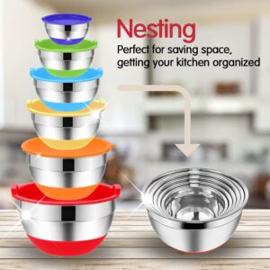 Mixing Bowls with Airtight Lids, 20PCS Stainless Steel Set, Nesting 3 Grater Attachments & Non-Slip Bottoms, Size7, 4, 3, 2, 1.5, 1QT for Baking&Prepping