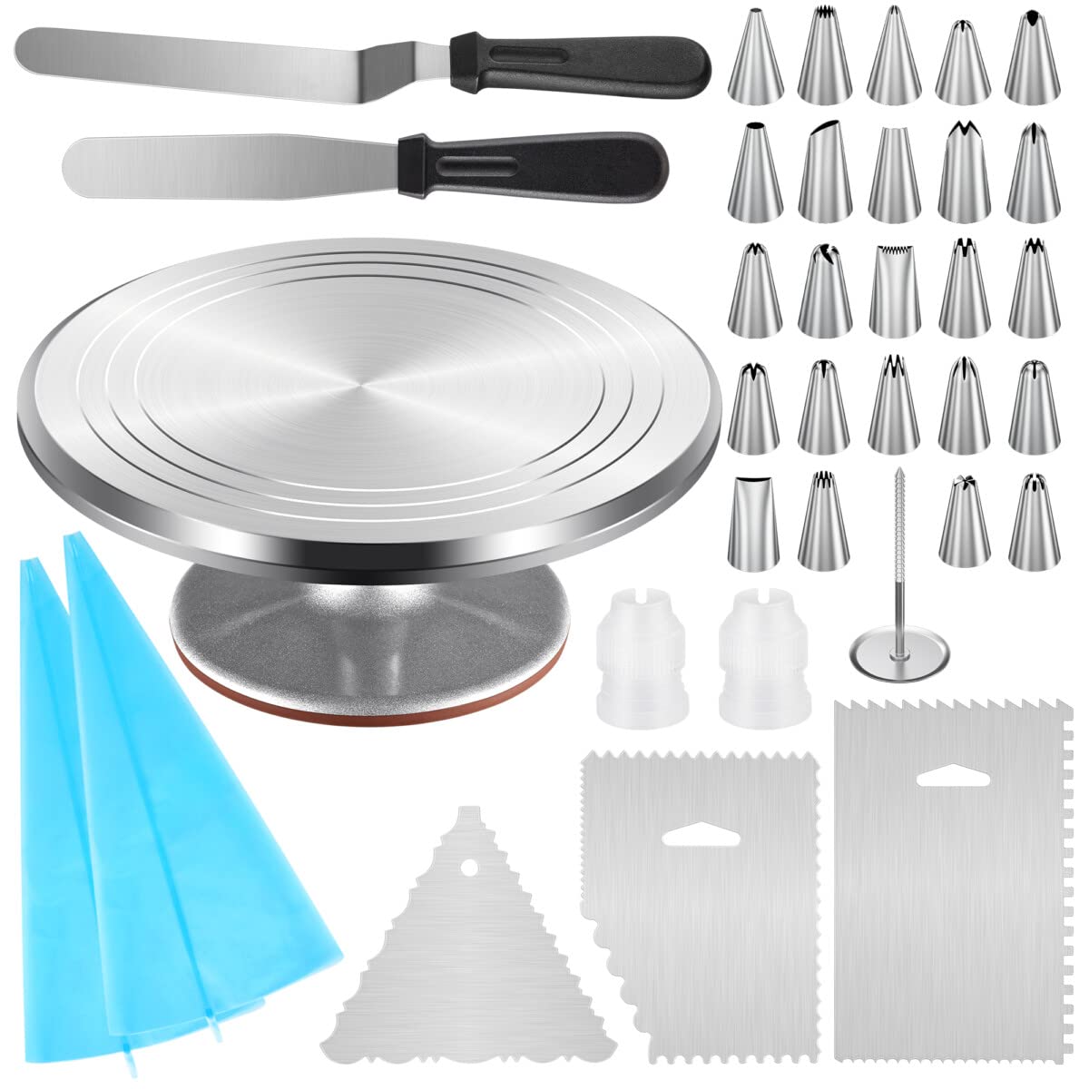 Kootek Aluminium Cake Turntable, 12 Inch Rotating Cake Stand, 35 pcs Cake Decorating Kit Supplies with 24 Numbered Icing Piping Tips, 2 Frosting Spatula, Pastry Bags and Other Baking Tools