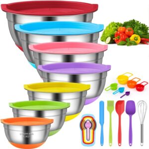 chareada mixing bowls with airtight lids, 18pcs stainless steel nesting colorful mixing bowls set non-slip silicone bottom, size 7, 5.5, 4, 3.5, 2.5, 2, 1.5 qt, fit for mixing & serving