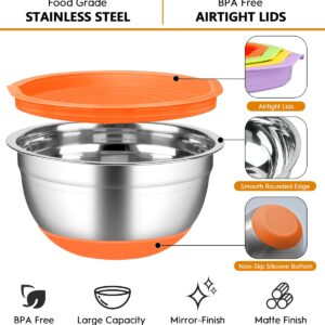 CHAREADA Mixing Bowls with Airtight Lids, 18pcs Stainless Steel Nesting Colorful Mixing Bowls Set Non-slip Silicone Bottom, Size 7, 5.5, 4, 3.5, 2.5, 2, 1.5 qt, Fit for Mixing & Serving