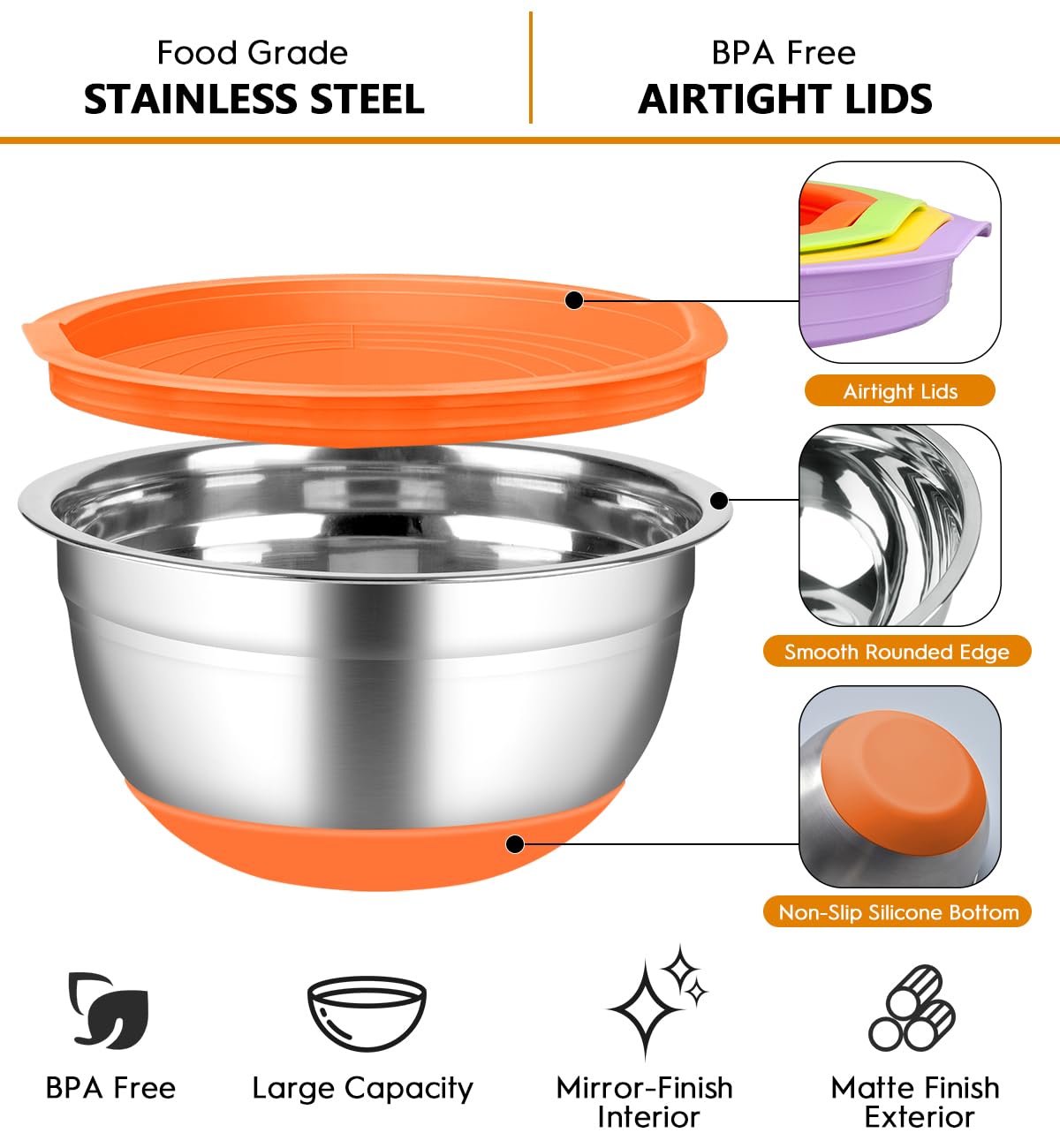 CHAREADA Mixing Bowls with Airtight Lids, 18pcs Stainless Steel Nesting Colorful Mixing Bowls Set Non-slip Silicone Bottom, Size 7, 5.5, 4, 3.5, 2.5, 2, 1.5 qt, Fit for Mixing & Serving