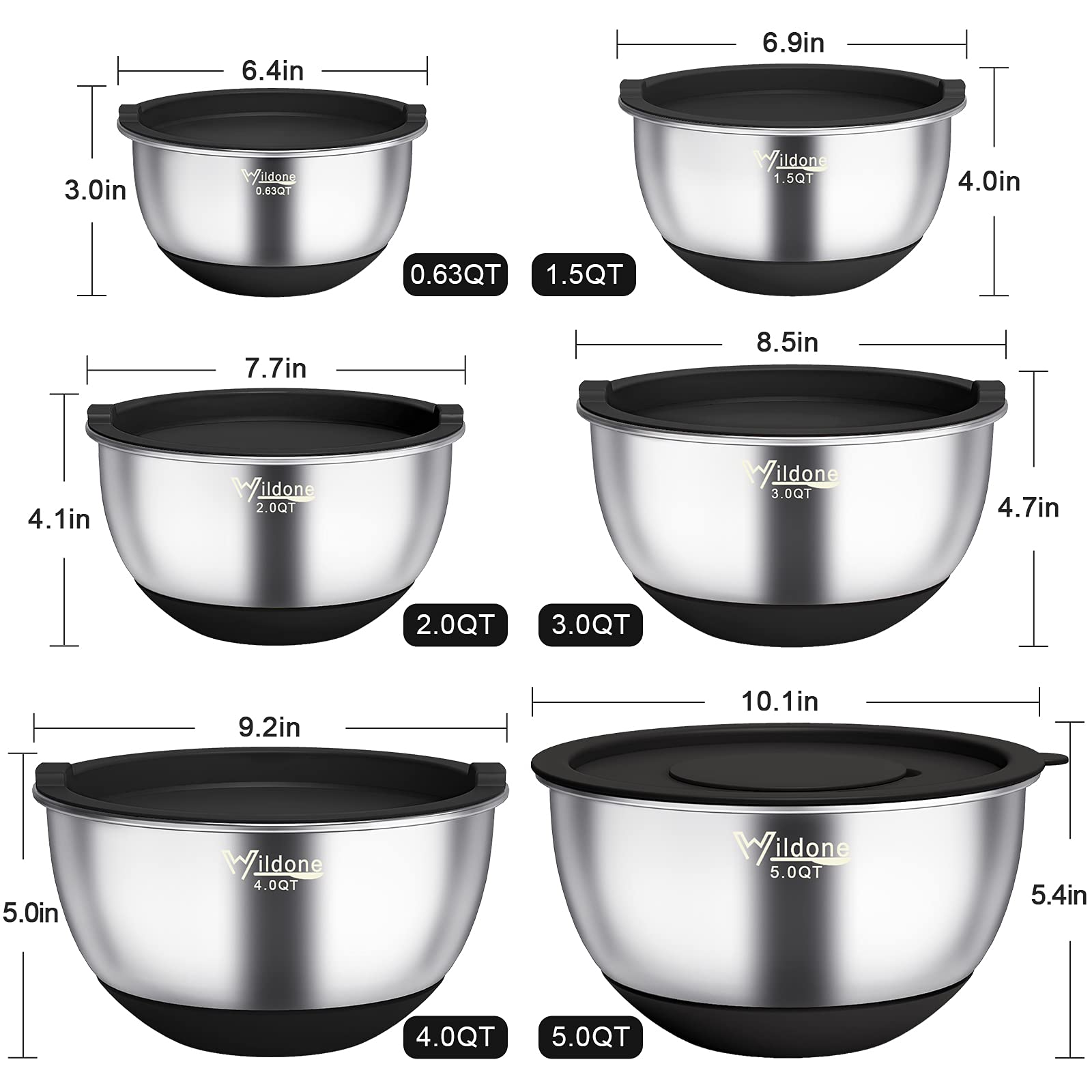 Wildone Mixing Bowls with Airtight Lids, 22 PCS Stainless Steel Nesting Bowls, with 3 Grater Attachments, Scale Marks & Non-Slip Bottom, Size 5, 4, 3, 2,1.5, 0.63QT, Ideal for Mixing & Prepping