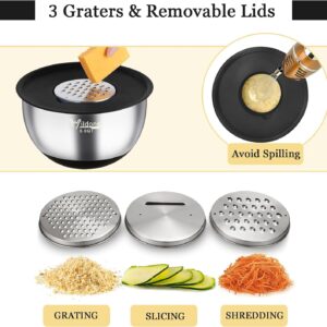 Wildone Mixing Bowls with Airtight Lids, 22 PCS Stainless Steel Nesting Bowls, with 3 Grater Attachments, Scale Marks & Non-Slip Bottom, Size 5, 4, 3, 2,1.5, 0.63QT, Ideal for Mixing & Prepping