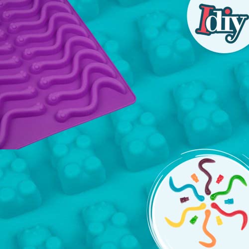 Gummy Bear & Worm Silicone Candy Molds, 4 Pack Set - Nonstick Trays with 2 Droppers for Chocolate, Ice Cubes, BPA-Free -Makes up to 62 Candies -Summer Camp Birthday Gift