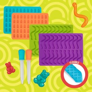 Gummy Bear & Worm Silicone Candy Molds, 4 Pack Set - Nonstick Trays with 2 Droppers for Chocolate, Ice Cubes, BPA-Free -Makes up to 62 Candies -Summer Camp Birthday Gift