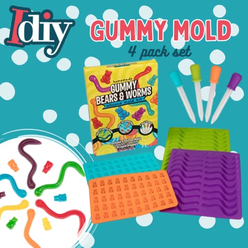 Gummy Bear & Worm Silicone Candy Molds, 4 Pack Set - Nonstick Trays with 2 Droppers for Chocolate, Ice Cubes, BPA-Free -Makes up to 62 Candies -Summer Camp Birthday Gift