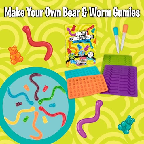 Gummy Bear & Worm Silicone Candy Molds, 4 Pack Set - Nonstick Trays with 2 Droppers for Chocolate, Ice Cubes, BPA-Free -Makes up to 62 Candies -Summer Camp Birthday Gift