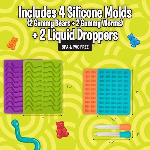 Gummy Bear & Worm Silicone Candy Molds, 4 Pack Set - Nonstick Trays with 2 Droppers for Chocolate, Ice Cubes, BPA-Free -Makes up to 62 Candies -Summer Camp Birthday Gift