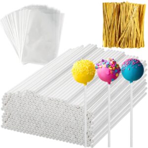 600pcs lollipop stick, 6in cake pop sticks with clear treat bags & gold twist ties, cake pops making tools for lollipops, candies, chocolates cookies (a)