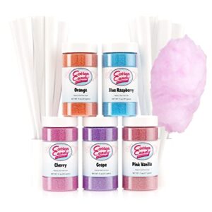 cotton candy express floss sugar variety pack with 5 - 11oz plastic jars of grape, orange, pink vanilla, blue raspberry, cherry flossing sugars plus 50 paper cotton candy cones