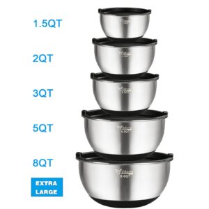 Wildone Mixing Bowls with Airtight Lids, Stainless Steel Nesting Mixing Bowls Set of 5, with Non-slip Silicone Bottoms, Size 8, 5, 3, 2, 1.5 QT, Stackable Design, Great for Mixing and Prepping