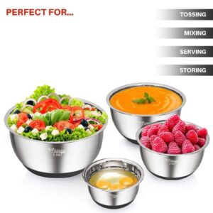 Wildone Mixing Bowls with Airtight Lids, Stainless Steel Nesting Mixing Bowls Set of 5, with Non-slip Silicone Bottoms, Size 8, 5, 3, 2, 1.5 QT, Stackable Design, Great for Mixing and Prepping