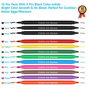 Jewem Edible Markers for Cookie Decorating,12Pcs Food Coloring Pens, Double Side Food Grade Pens with Fine & Thick Tip for Decorating Fondant,Cakes,Cookies,Easter Eggs,Frosting,Macaron(10 Colors)