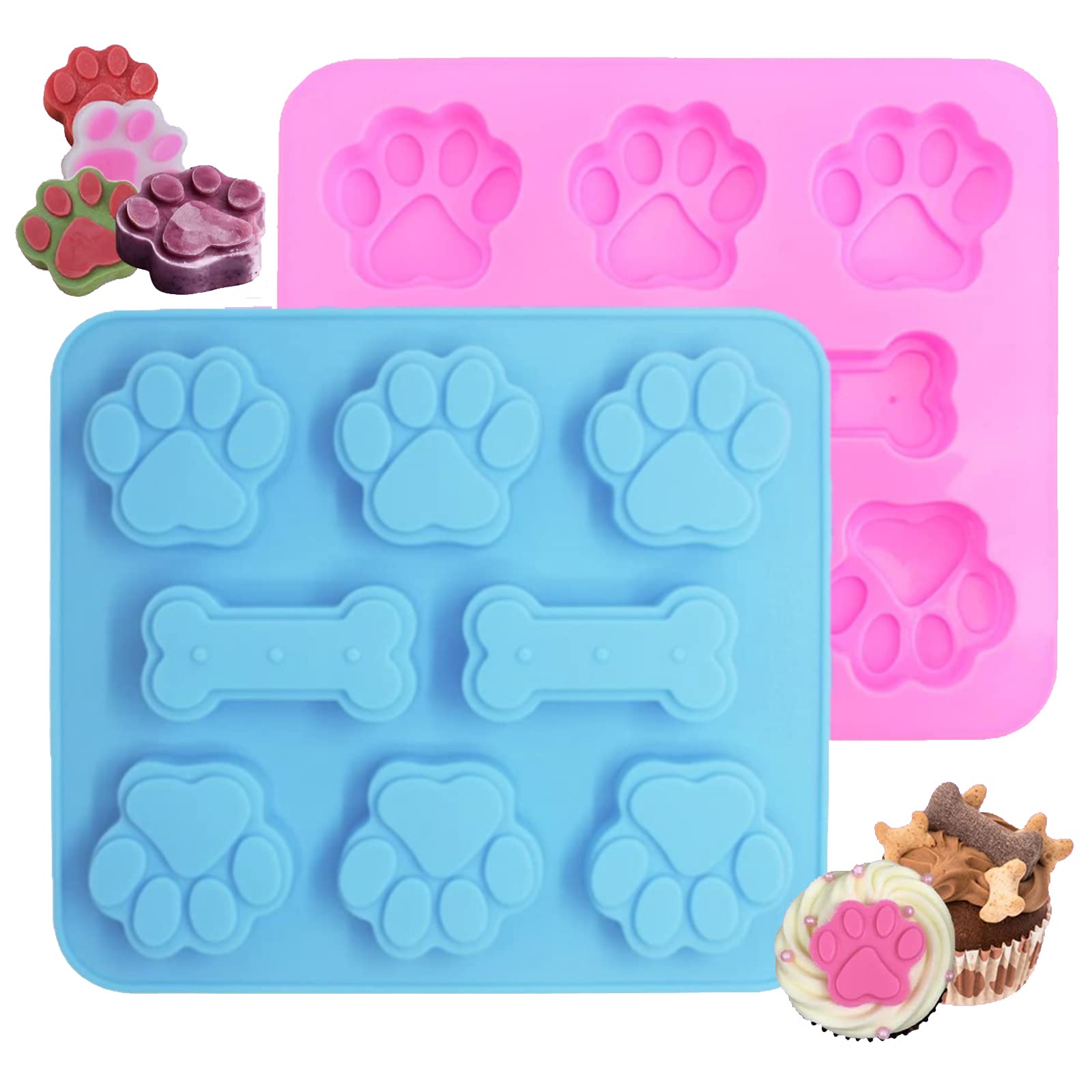 WSZBDR 2 Pack Silicone Molds Puppy Dog Paw and Dog Bone Silicone Dog Treat Molds for Baking Chocolate,Candy,Jelly,Ice Cube,Dog Treats