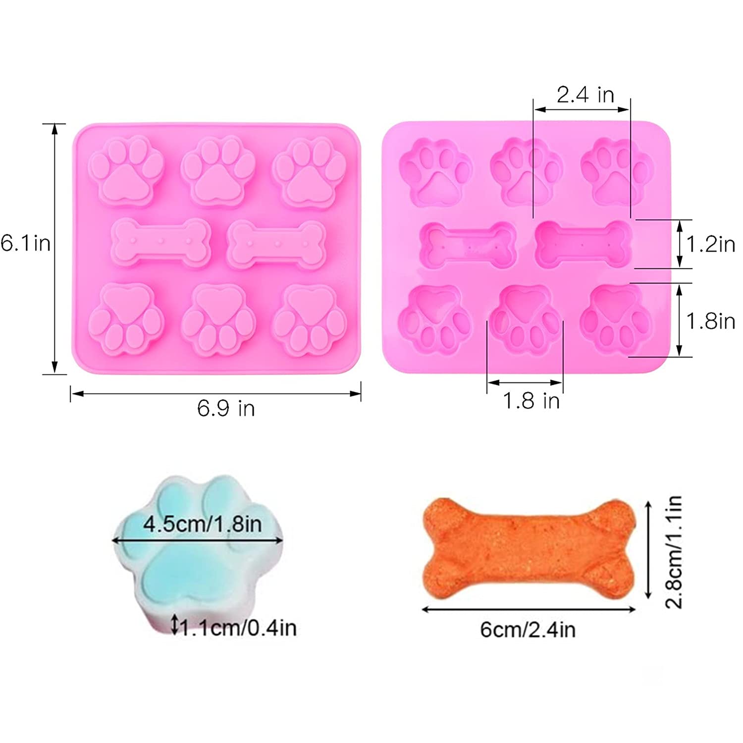 WSZBDR 2 Pack Silicone Molds Puppy Dog Paw and Dog Bone Silicone Dog Treat Molds for Baking Chocolate,Candy,Jelly,Ice Cube,Dog Treats